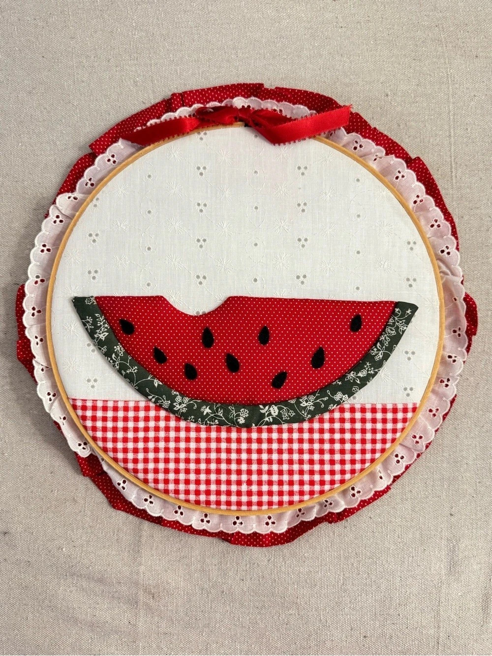 Watermelon Handmade Fabric Watermelon Gingham Round Wooden Embroidered 14” Hoop